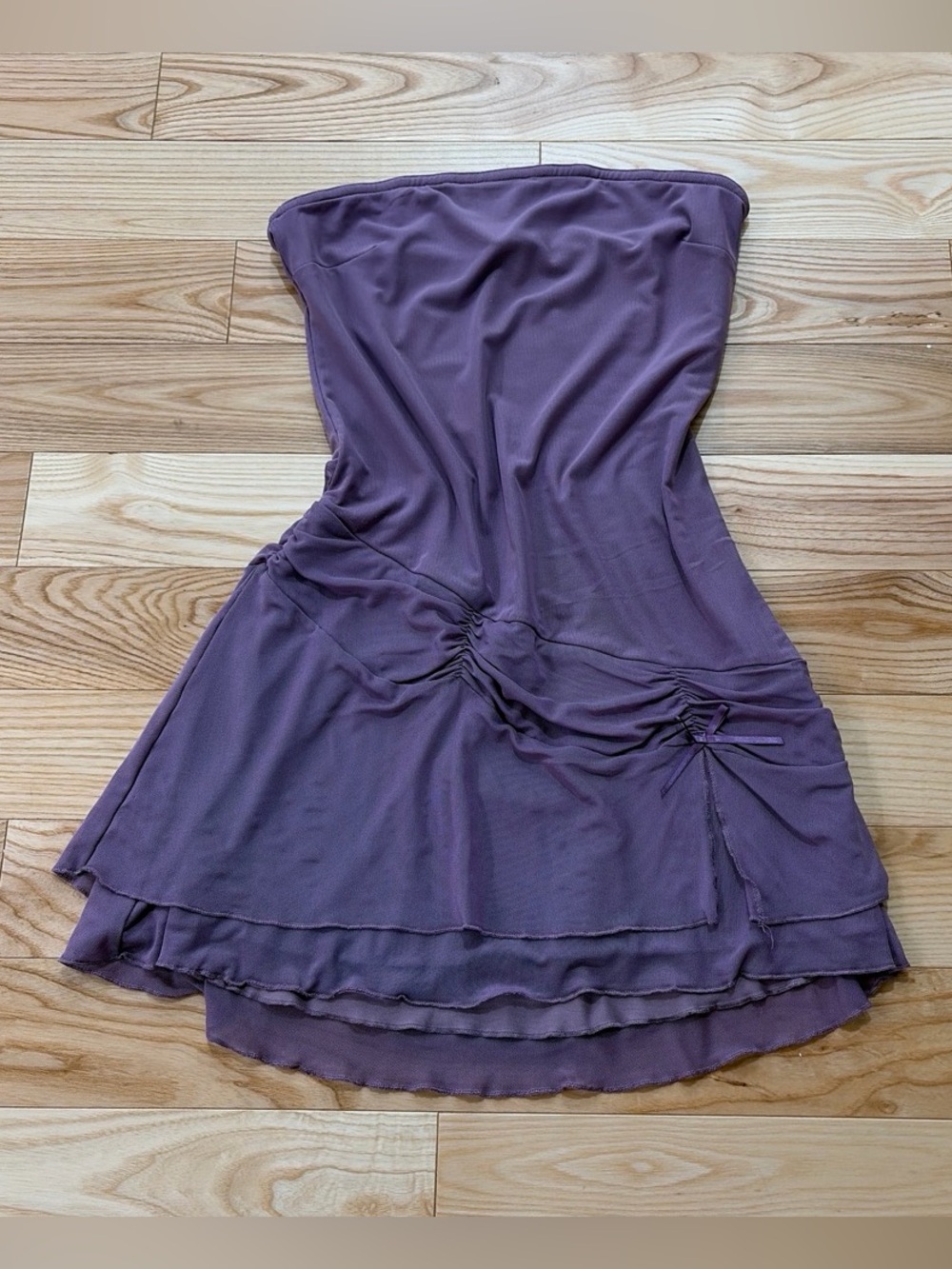 Edikted Strapless Dusty Purple Ruched Tiered Mini Dress
